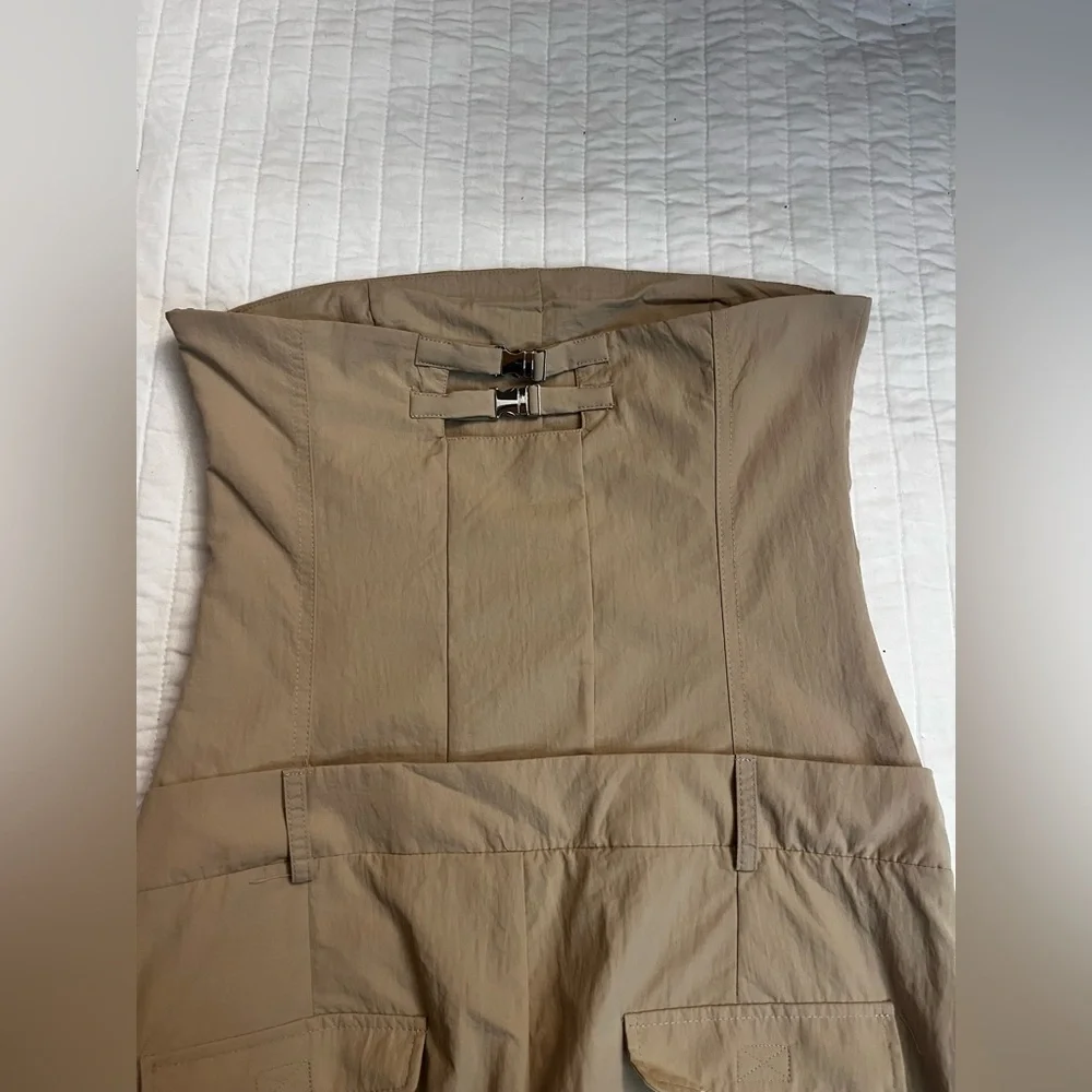 ZARA Khaki Tan Nylon Strapless Wide Leg Utility Jumpsuit NWT - Picture 8 of 11